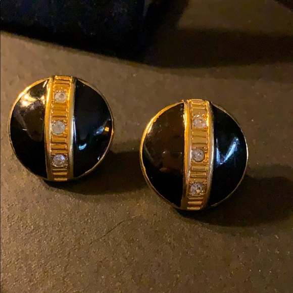 Enamel Black, Gold, and Rhinestone Post Earrings - Picture 2 of 6